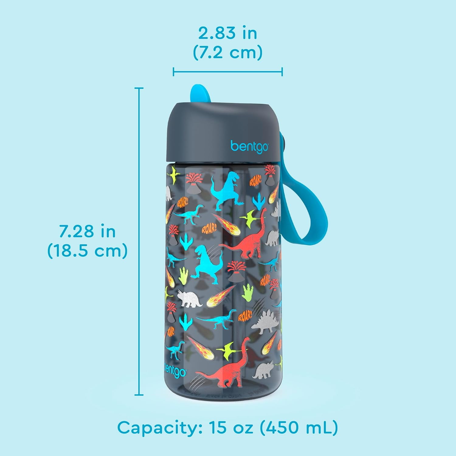 Kids Water Bottle 15 oz Durable Tritan Dinosaur | Leak-Proof, BPA-Free, Cup for Kids/Toddlers Ages 3+, Safe Sip Spout, Carrying Handle, Dishwasher Safe, for School, Sports, Daycare & Camp