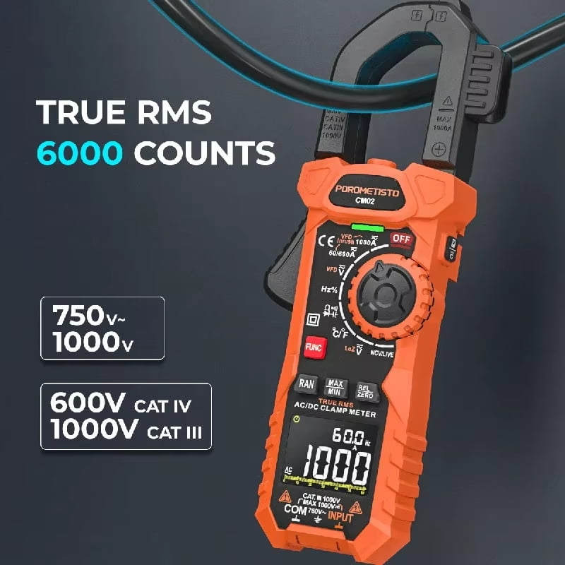 POROMETISTO-CM02 Digital Clamp Meter, 6000 Counts, Smart Measurement,True RMS,  Auto-Ranging Voltmeter, Non-Contact Voltage Detection, Measures AC/DC Volatge Live Wire