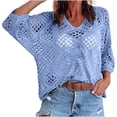 thumbnail image 2 of YanHoo Plus Size Shirts for Women Crochet 3/4 Sleeve Solid Color Blouses Trendy Hollow Out T-Shirts Summer Casual Beach Vacation Tee, 2 of 8