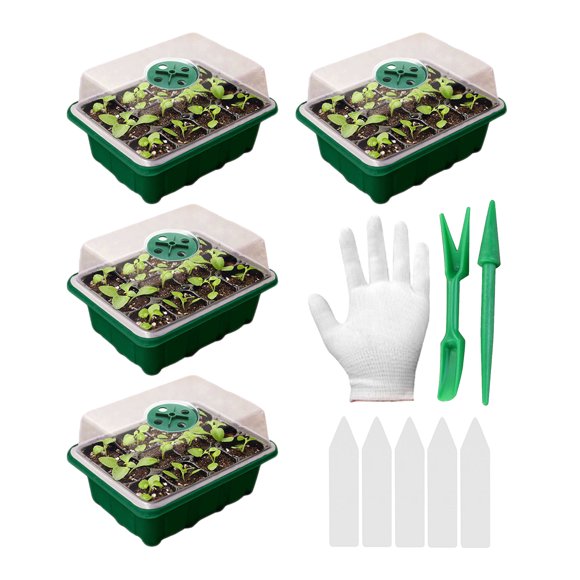 YEGBONG 4 Pcs Plateaux de Graines avec Couvercles Plateau de Démarrage de Semis avec Gants Outil de Transplantation Kit de Germination d'Étiquettes 5 Pcs Propagateur pour Plantes