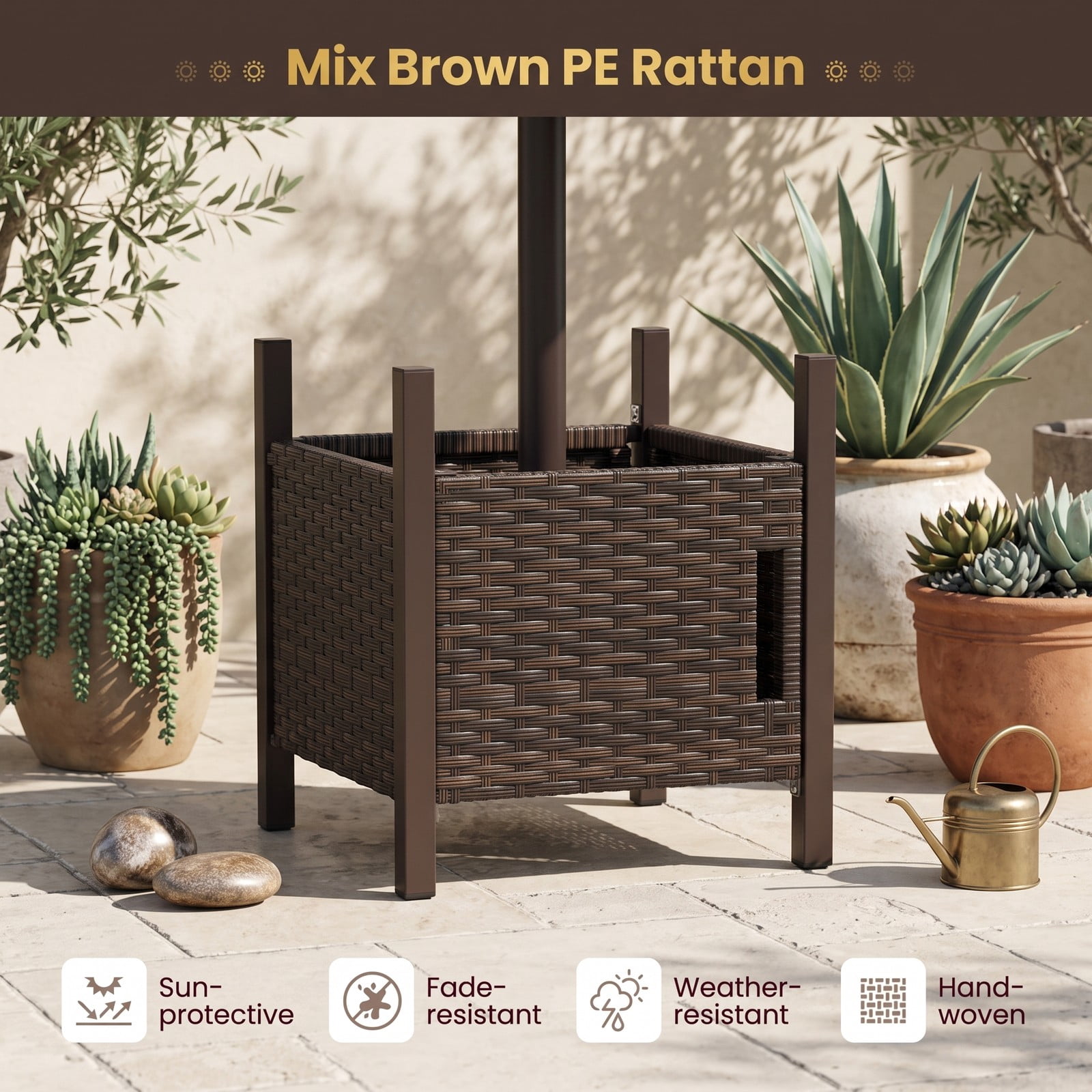 Furnibear Outdoor PE Wicker Patio Umbrella Side Table with 1.93 Inch Umbrella Hole for the Backyard and Poolside, Mix Brown