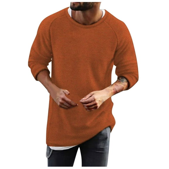 GBSYEWXS Men Pullover Sweaters Casual Long Sleeve Crew Neck Pullover Solid Color Comfortable Orange Sweater