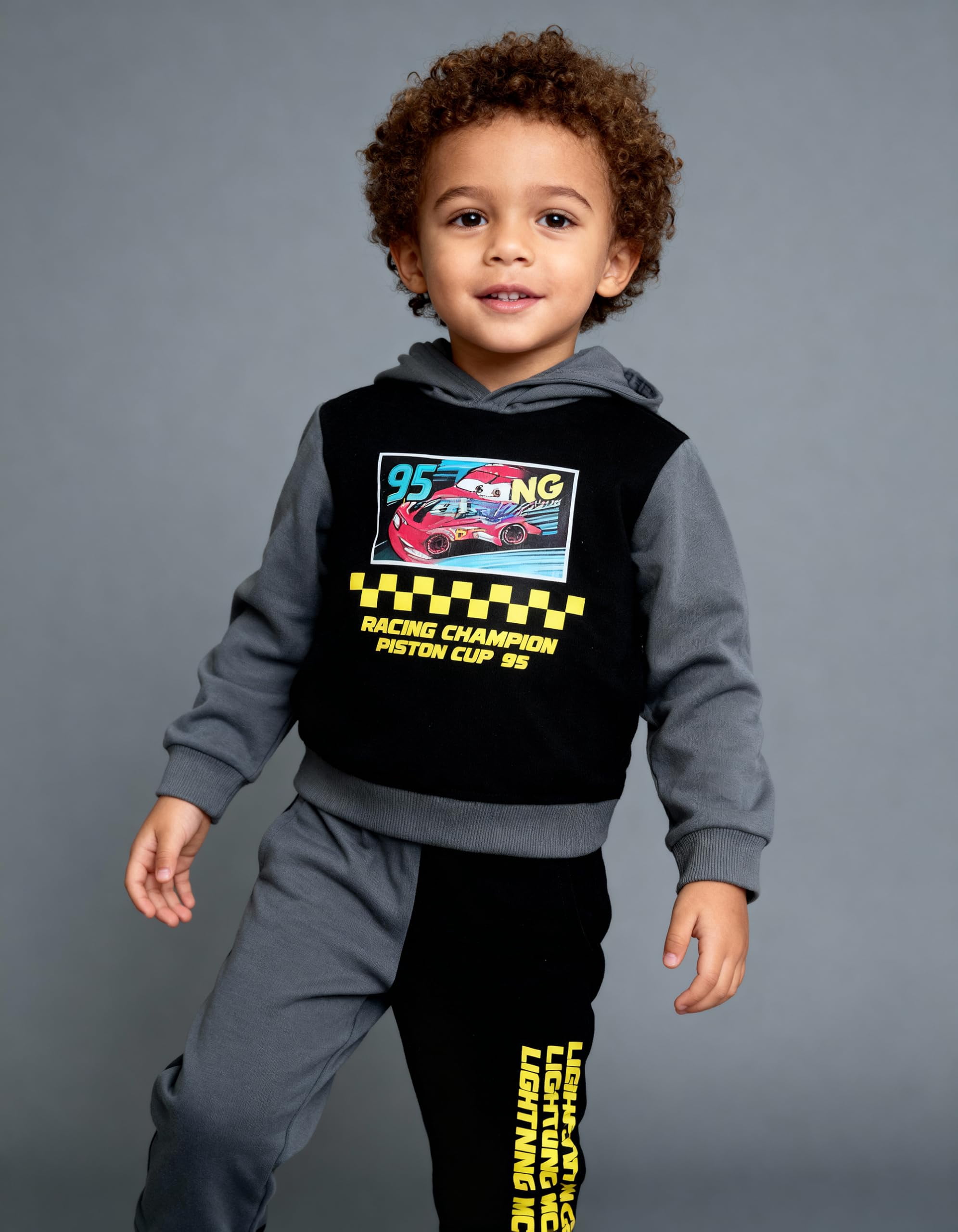 Disney Cars Lightning McQueen Toddler Boys’ Outfit Set - Two Piece Hoodie Sweatshirt with Holographic Patch & Gloss Ink Jogger Pants (Grey, 3T)
