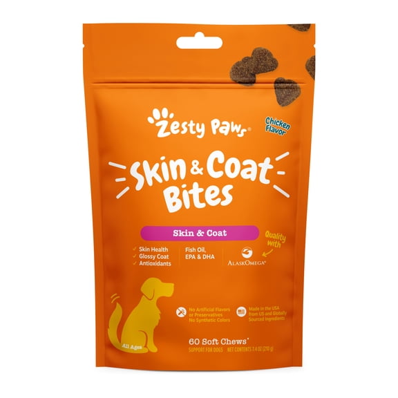 Zesty Paws Omega Bites, Omega 3 Supplement for Dogs, Chicken Flavor, 60 Count