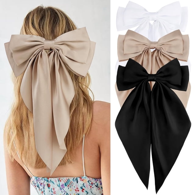 lazos para el pelo para mujer, color blanco, rosa, morado, grandes lazos para el pelo, clips para niñas, satén sedoso, grandes cintas para el pelo de gran tamaño, cola larga, pasadores para el pelo, a