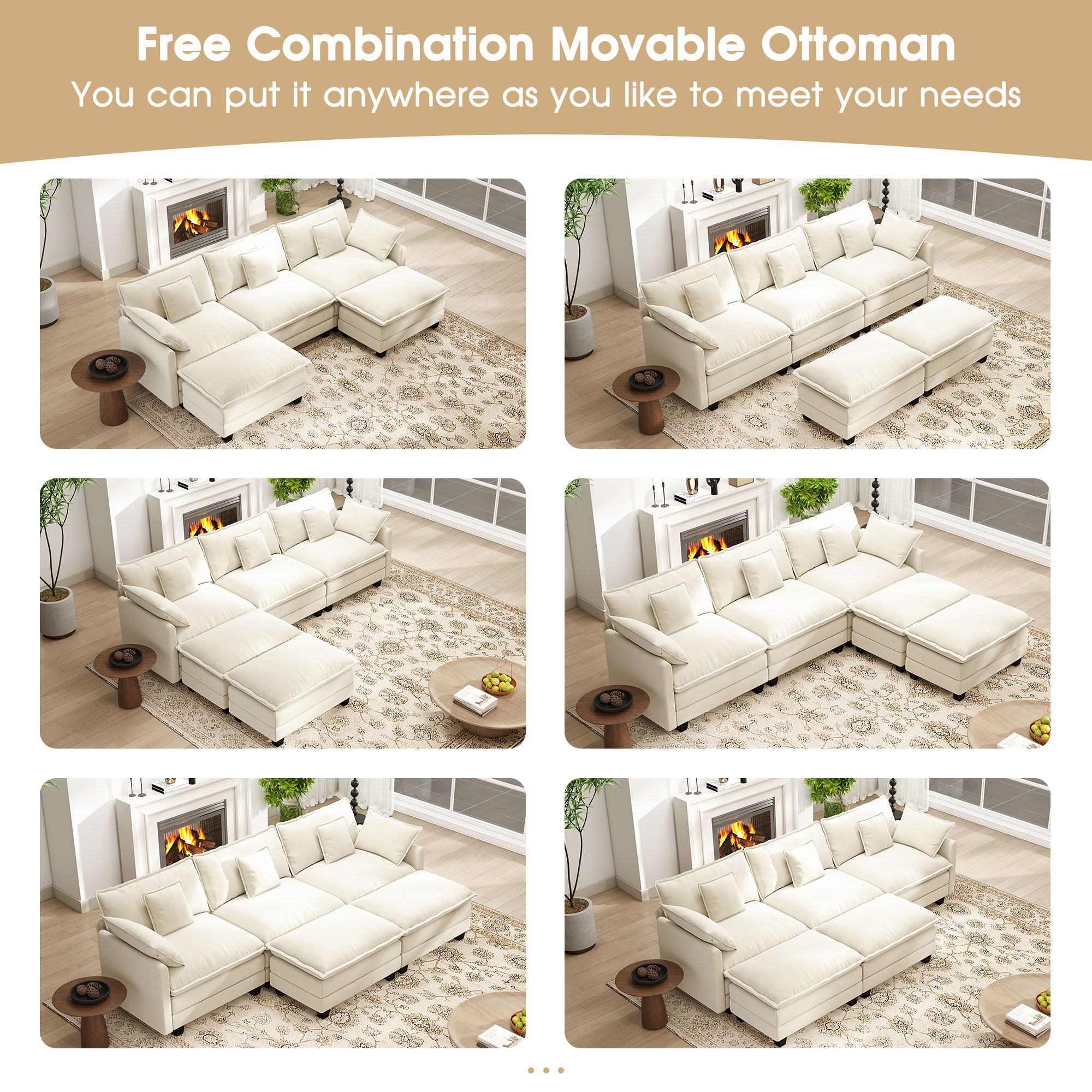 BedLuxury 111.5 in U-Shaped Modular Sectional Sofa, Beige photo 6