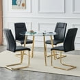 thumbnail image 3 of Table and chair set. Round dining table, glass tabletop with a diameter of 40 inches, and gold-plated metal legs, paired with 4 black PU cushions and a dining chair with gold-plated metal feet. DT1164, 3 of 13