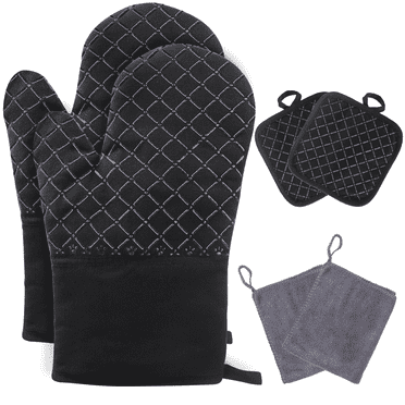SUPTREE Silicone Oven Mitts and Pot Holders Sets Heat Resistant Non-Slip Gloves with Kitchen towel for Baking, Black