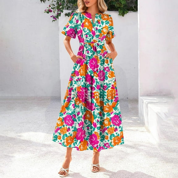 Weiqiqre Dresses for Women 2025 Elegant Classy Floral V Neck Puff Sleeve Empire Waist A Line Flowy Long Beach Boho Dress
