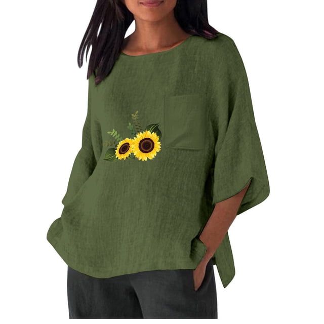 Birdeem Chemise Imitation Coton et Lin pour Femmes Manches 3/4 Col Rond T-Shirt Ample Décontracté Léger et à la Mode Haut d'Été