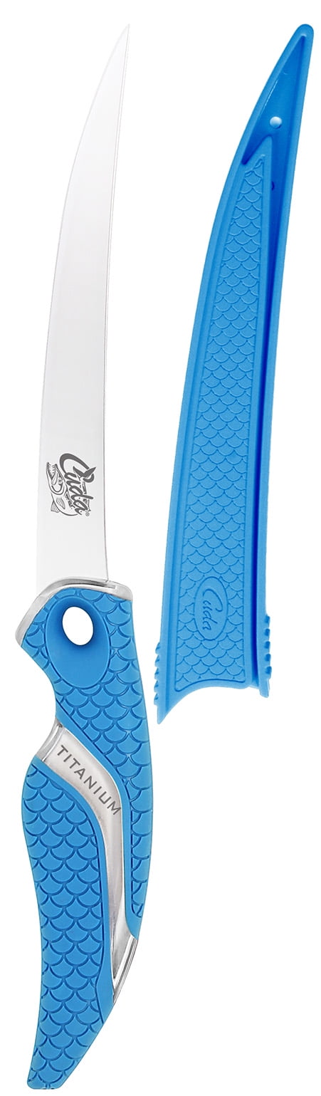 Cuda Fishing Curved Boning Knife, 6", Titanium Bonded with Blade Cover, Blue