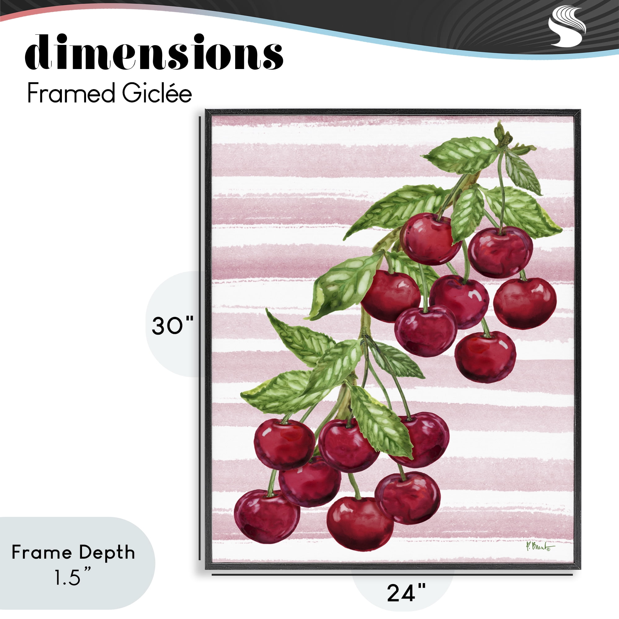 Stupell Industries Juicy Cherry Vine on Stripes Black Framed Giclee Art, design by Paul Brent