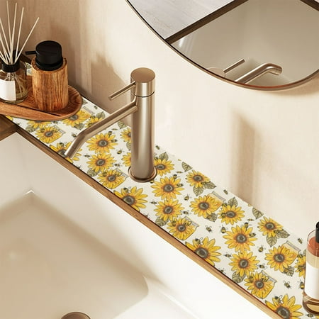 

Faucet Mat for Kitchen Sink 30 Sink Splash Guard Mat Super Absorbent Fast Drying Drain Pad Sunflowers Honey Bee 2 Pack