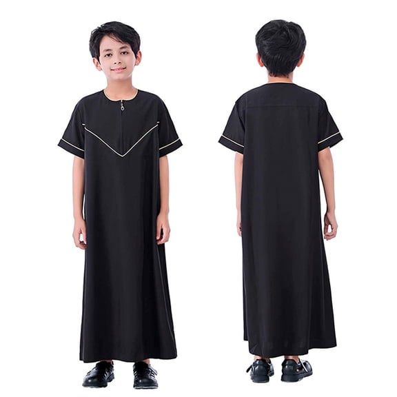 Boys Thobe Casual Short Sleeves Thobes Crew Neck Kids Robes for Boys Black Abaya 11-12 Years
