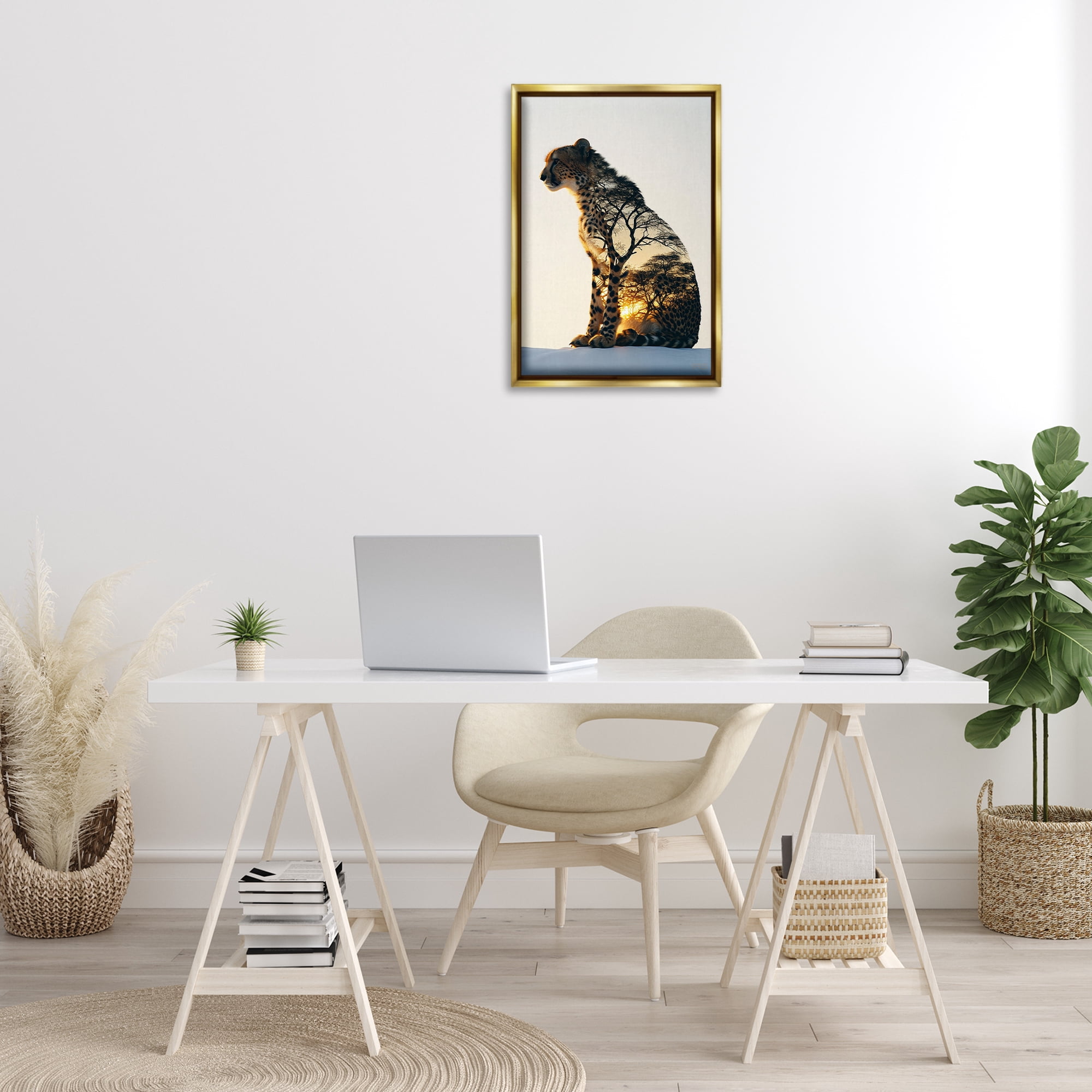 Stupell Industries Leopard with Silhouette Animals & Insects Painting Gold Floater Framed Canvas Art Print Wall Art, 17 x 25