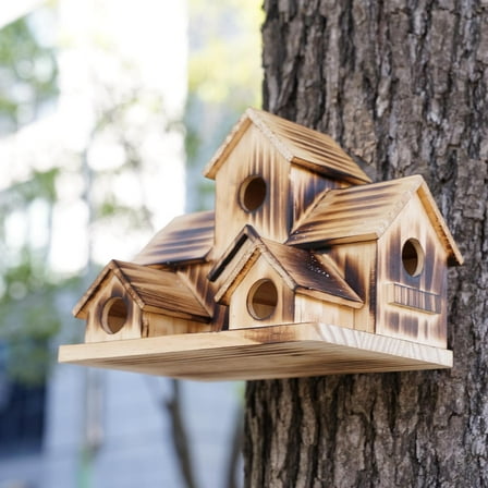 Blarkrus Wooden Bird Houses Hanging 6 Hole Handmade Natural X1 Bird Yard Outside