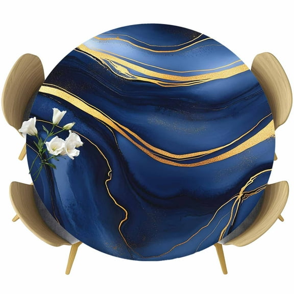 Marble Navy Blue Fitted Tablecloth with Elastic Edged, Round Table Cloth for Dining Table, Modern Golden Ombre Retro Fluid Art Waterproof Oil Proof Table Cover for Indoor Outdoor 45"-54"