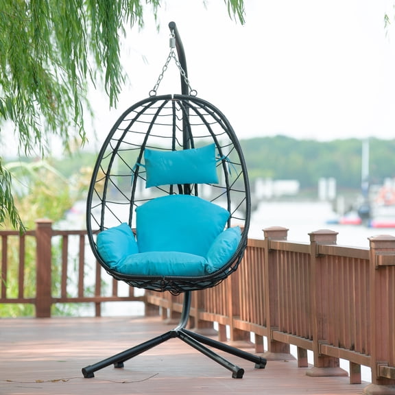 Indoor Outdoor Hanging Egg Chair with Stand, Patio Wicker Swing Chair, Water Resistant Rattan Hammock Basket Chair for Garden, Balcony, Living Room,Light Blue