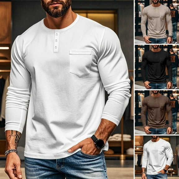 ZenCart Men's Crew Neck Tee Long Sleeve T-Shirt with Chest Pocket Solid Color Casual Top for Daily Wear Work And Outdoor Activities