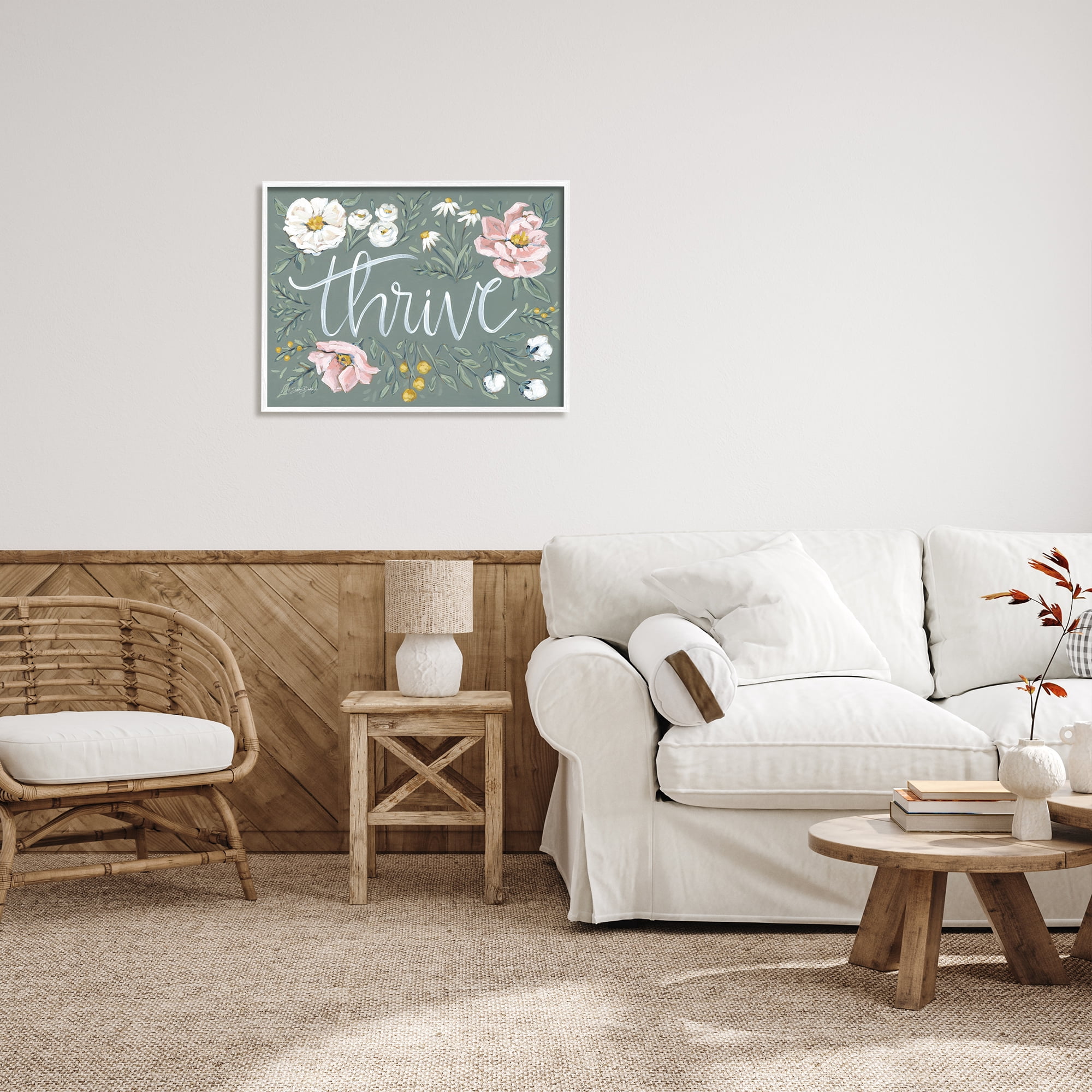 Stupell Industries Thrive Floral Border Botanical & Floral Painting White Framed Art Print Wall Art, 30 x 24
