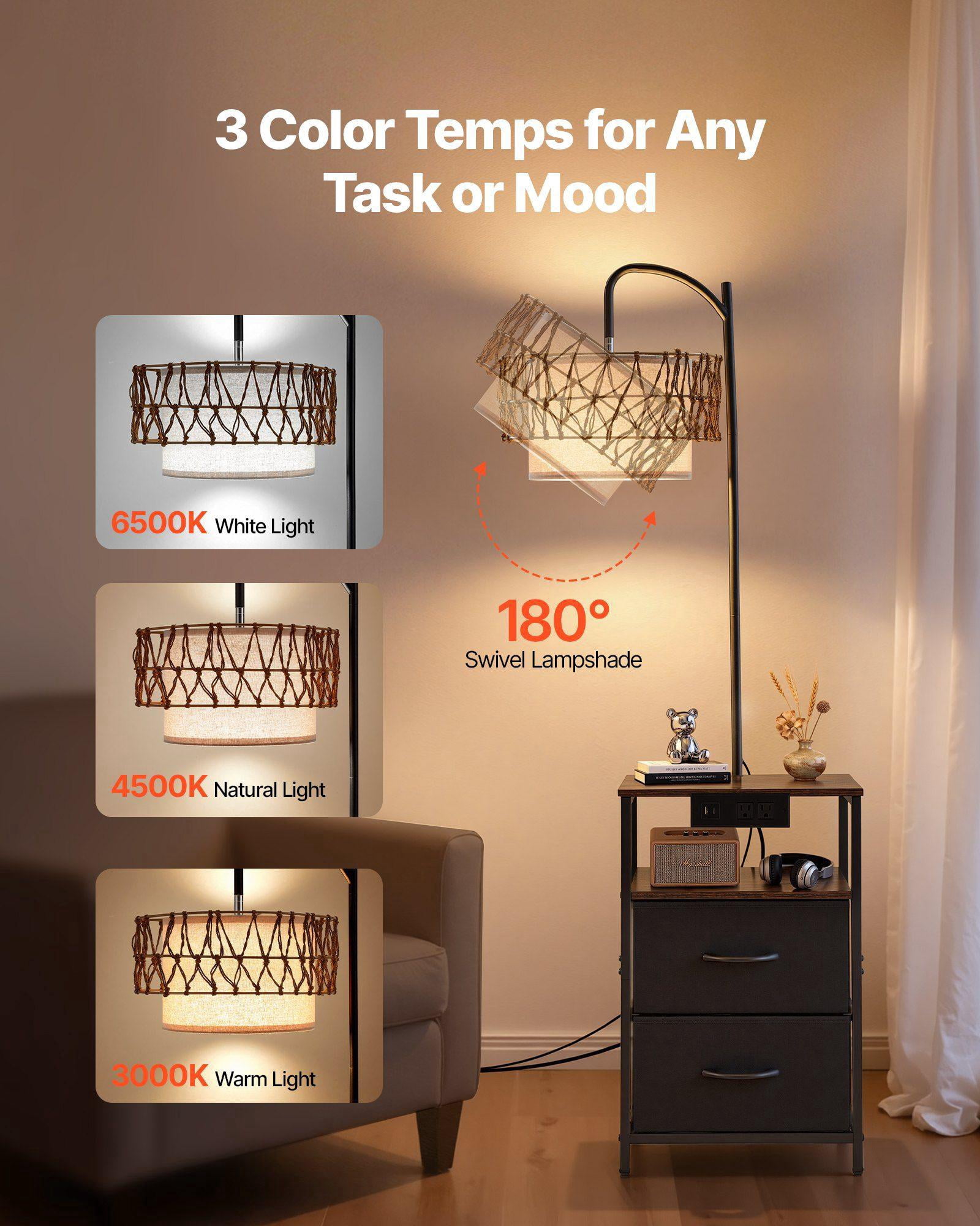 Modern 2 Tier End Table Floor Lamp with 2 Drawers 3 Color Temperature LED Bulb USB Type C AC Charging Port for Living Room Bedroom Dorm