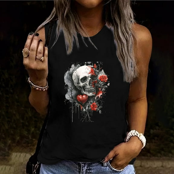 Mifsaly Floral Skull Tank Top Women Racerback Graphic Print Sleeveless Tops Streetwear Fashion Cotton Summer Pullover Tee S