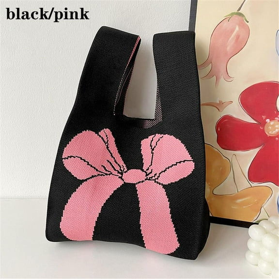 Women Girls Reusable Handmade Bow Tie Wrist Bag Knit Handbag Tote Bag Shopping Bags BLACK/PINK
