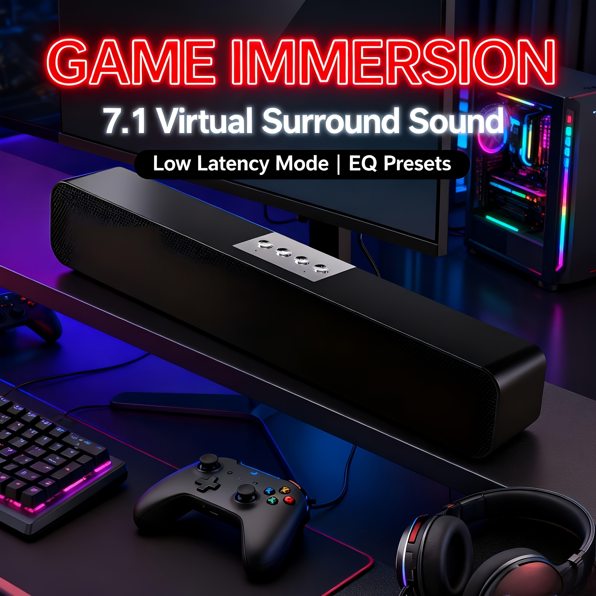 Barra de Sonido Pequeña para TV, PC, Gaming, Sistema de Sonido Envolvente, Bocina Mini para TV con Conexiones Bluetooth/AUX/USB 4