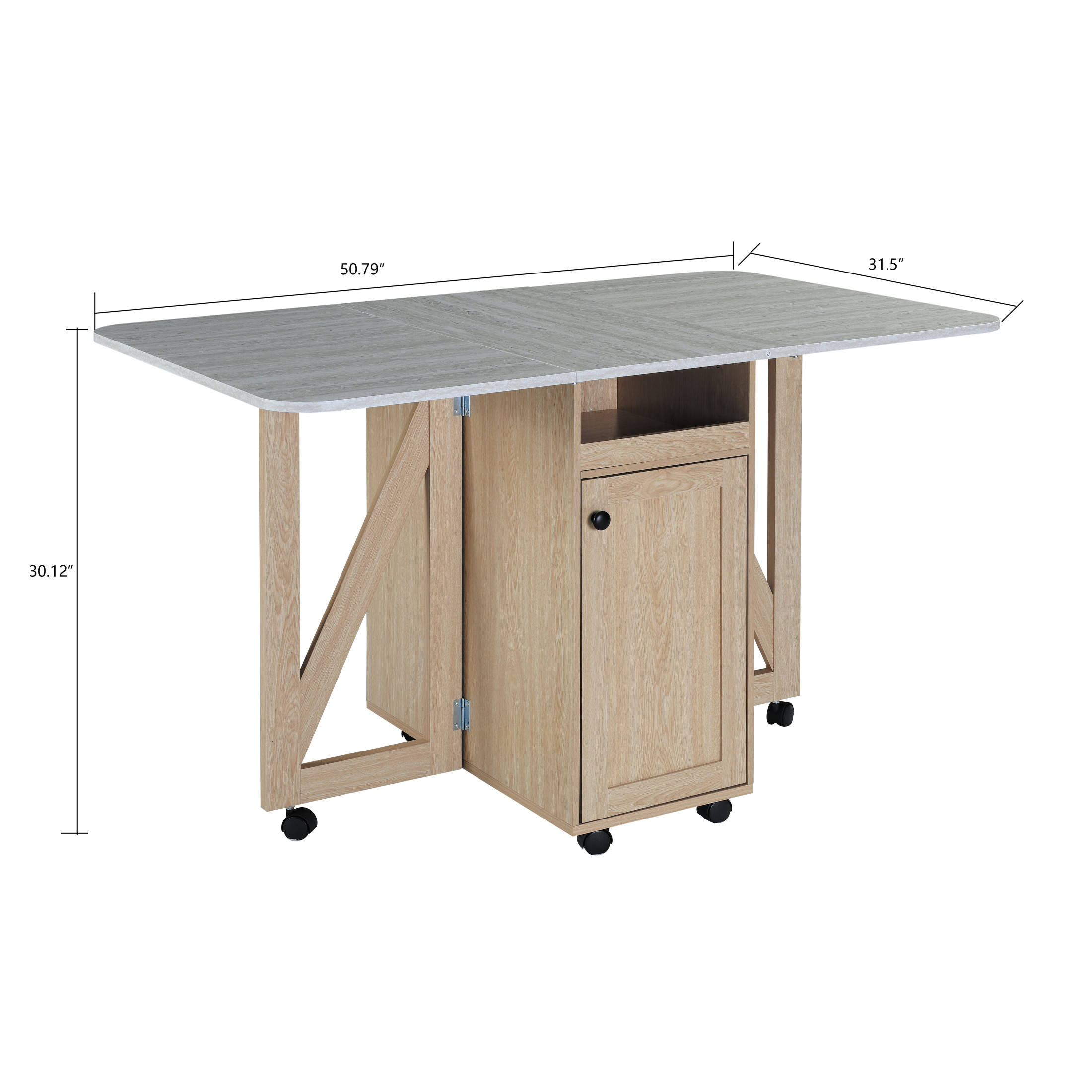 GDF Studio 50.8" Foldable Drop Leaf Dining Table with Rolling Storage Cabinet, Light Oak+Slate