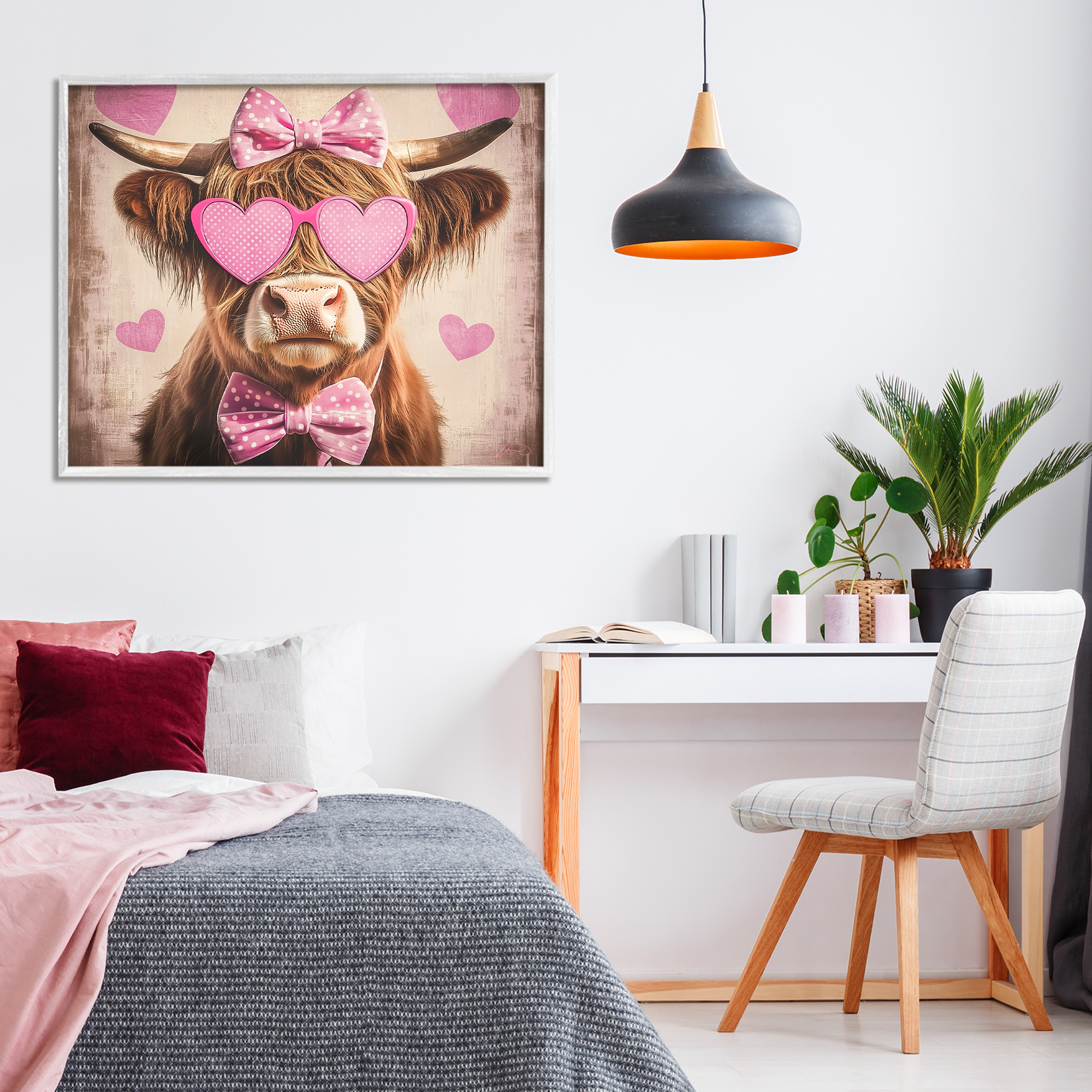Cute Cattle Pink Hearts White Framed Giclee Art, design by Shawna Stewart