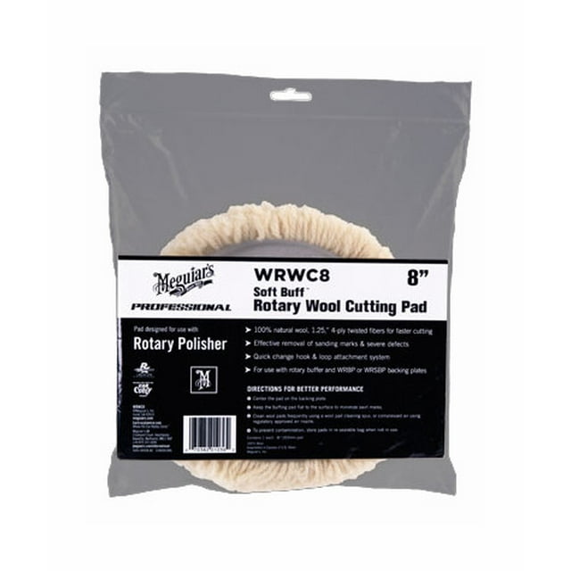 Meguiars Buffing Pad WRWC8 Soft Buff; Used To Remove Sanding Marks And Severe Defects; Natural Wool; 8 Inch Diameter; Hook And Loop Attachment; Single