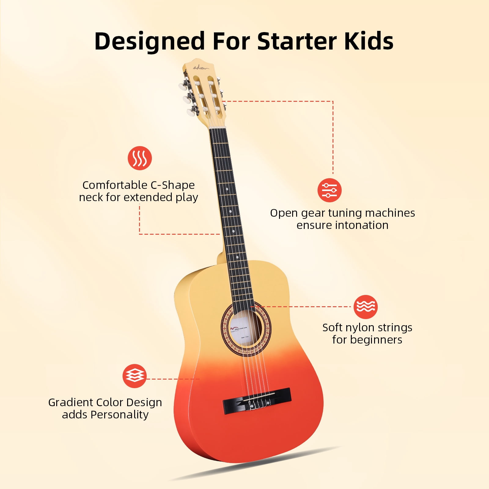 ADM Acoustic Guitar for Adults & Kids, 38" Travel Guitar Kit (Sunburst)