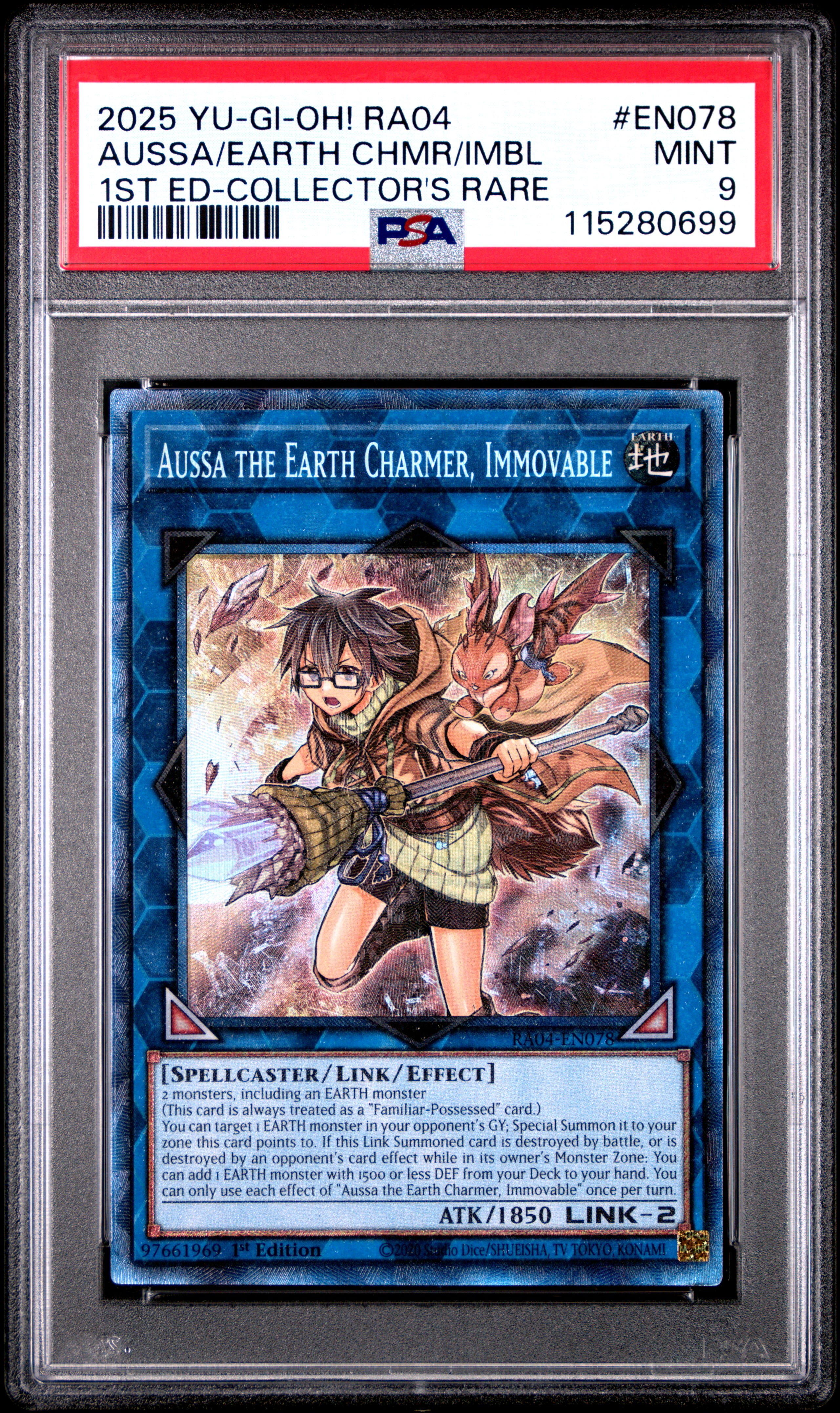 Yu Gi Oh! TCG, PSA Graded 9 MINT, Aussa/Earth Chmr/Imbl 1St Ed Collector'S Rare #EN078, Ra04 Quarter Century Stampede, Fully Encapsulated Bundle with Compatible Yu Gi Oh! Hard Sealed Case