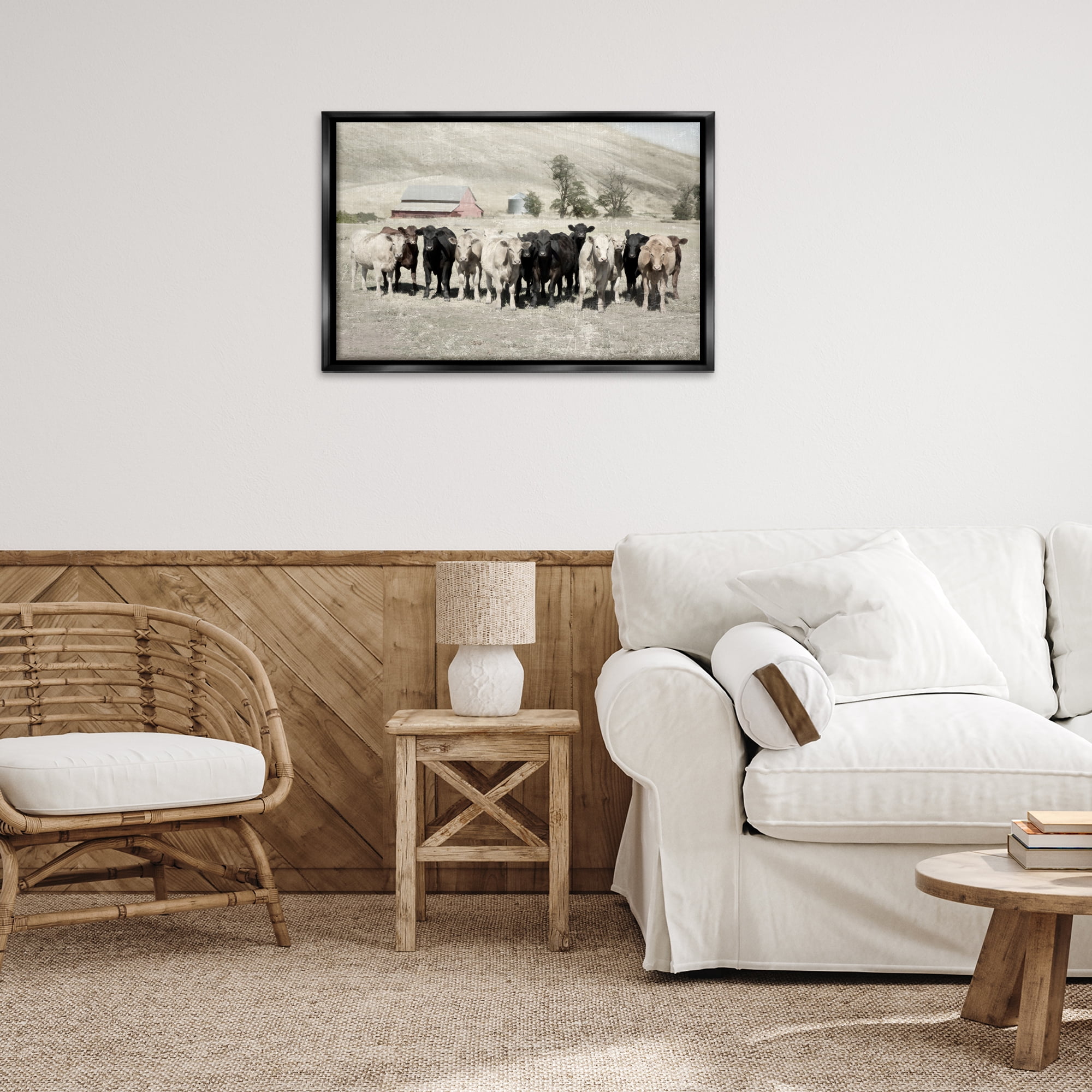 Stupell Industries Varied Cattle on Farm Landscape Painting Black Floater Framed Canvas Art Print Wall Art, 31 x 21
