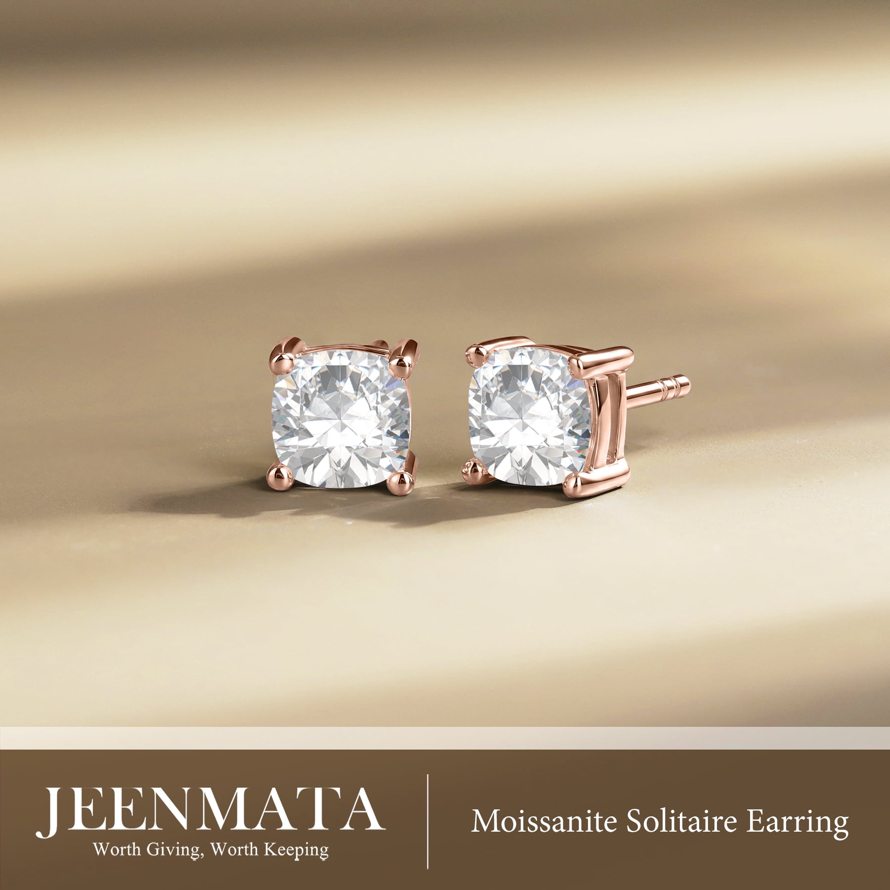 JeenMata 0.5 Carat Cushion Cut Moissanite 4 Prong Solitaire Stud Earrings in 18k Rose Gold Plating for Women