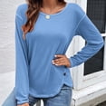 thumbnail image 3 of Women's Tunic Tops Solid Color Round Neck Loose Button Irregular T-Shirt Long Sleeve Side Blouses Tops, 3 of 5