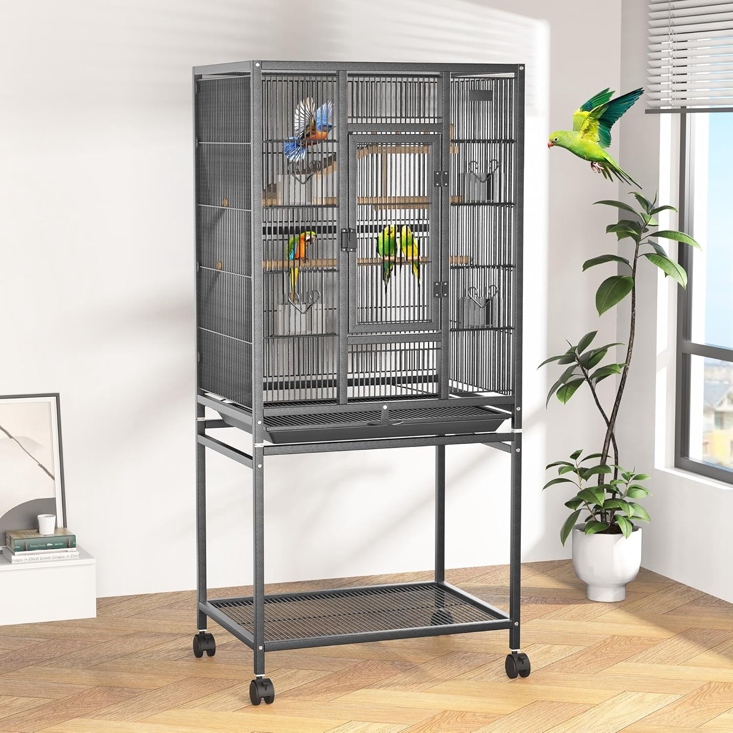 Timagebreze Large Bird Cage on Wheels with Slide-Out Tray,54" Wrought Iron Cage with Perches,Swing & Platform for Budgies,Cockatiels