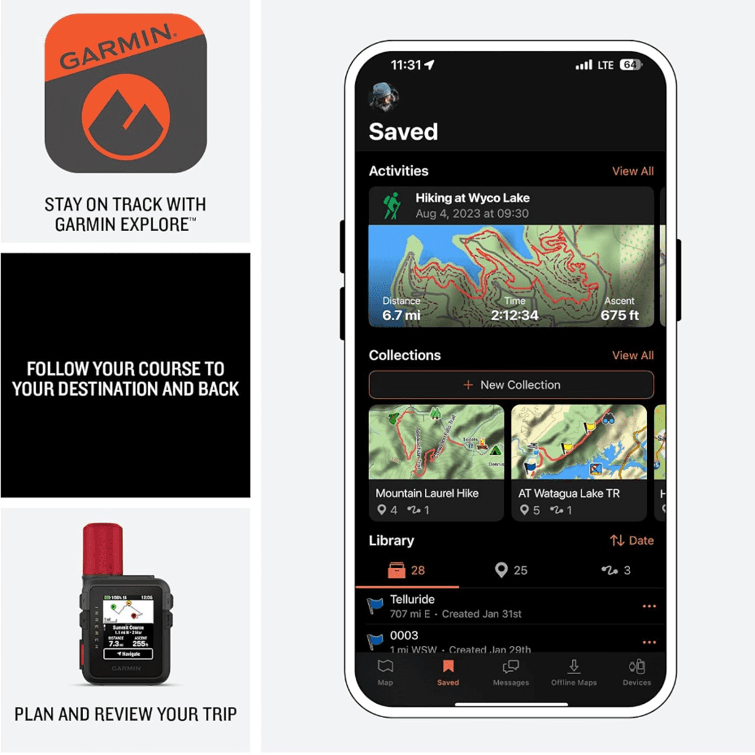 Garmin inReach Mini 3 Plus Satellite Communicator w/ Touchscreen 010-03387-10 + Quick Release Lanyard + Orange Floating Foam Wrist Strap + LED Brite-Nite Dome Lantern for Camping & Emergencies
