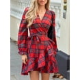 thumbnail image 3 of Cupshe Women's Red Plaid Blouson Sleeve Ruffle Cuff Wrap Mini Dress, Size S-XL, 3 of 6