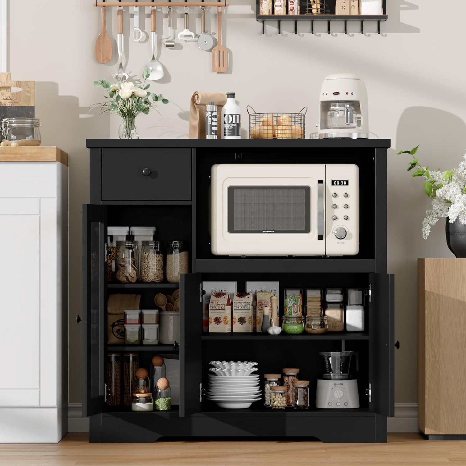 Yeshouse Pantry Storage Cabinet, Multipurpose Kitchen Sideboard with Drawer, 3 Doors & Adjustable Shelving