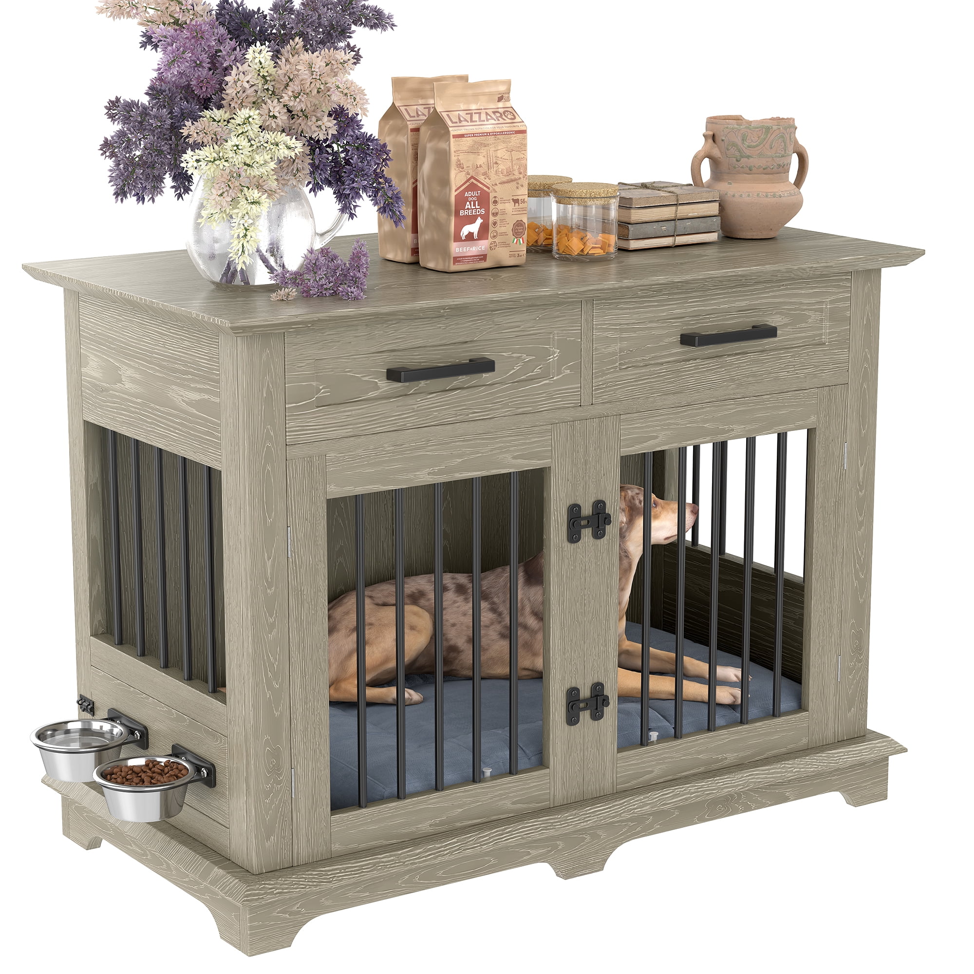 44.48" Large Dog Crate Furniture, Indoor Wooden Dog Kennel End Table with 2 Storage Drawers and Rotating Bowls, Decorative Pet Cage Dog House for Medium Dogs, Gray