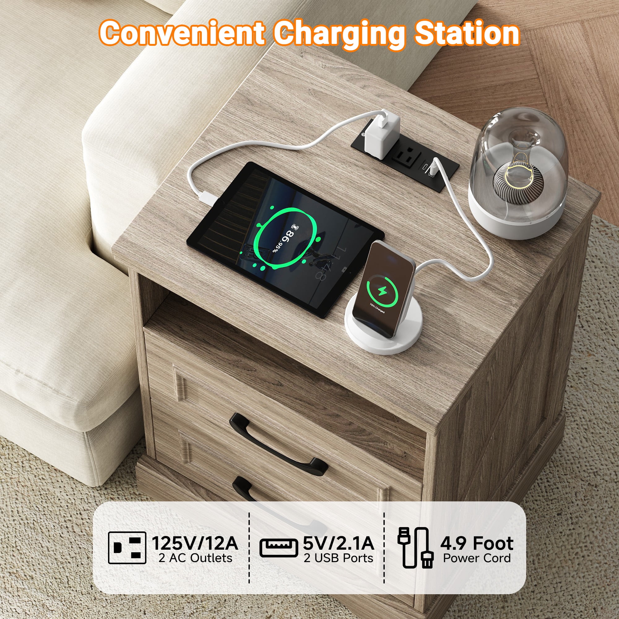 NEGYLIM Nightstand with Drawers for Bedroom, Farmhouse End Table with Charging Station, 2 Drawers Storage for Bedroom, Gray