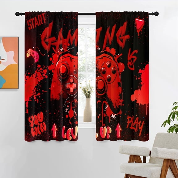 Voguly Gamer Curtains 42x63 Red Black Anime Drapes Boys Teens Bedroom Living Room Video Game Decor Rod Pocket Window Treatments