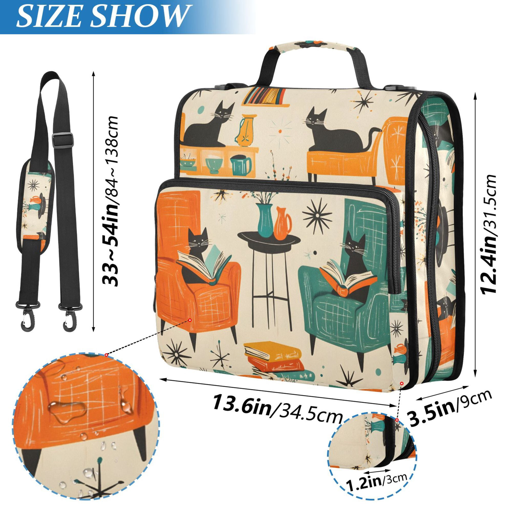 FORMRS Zipper Binder with Shoulder Strap 2-inch Ring 500 Sheet Capacity File Bag, Black Cats Reading