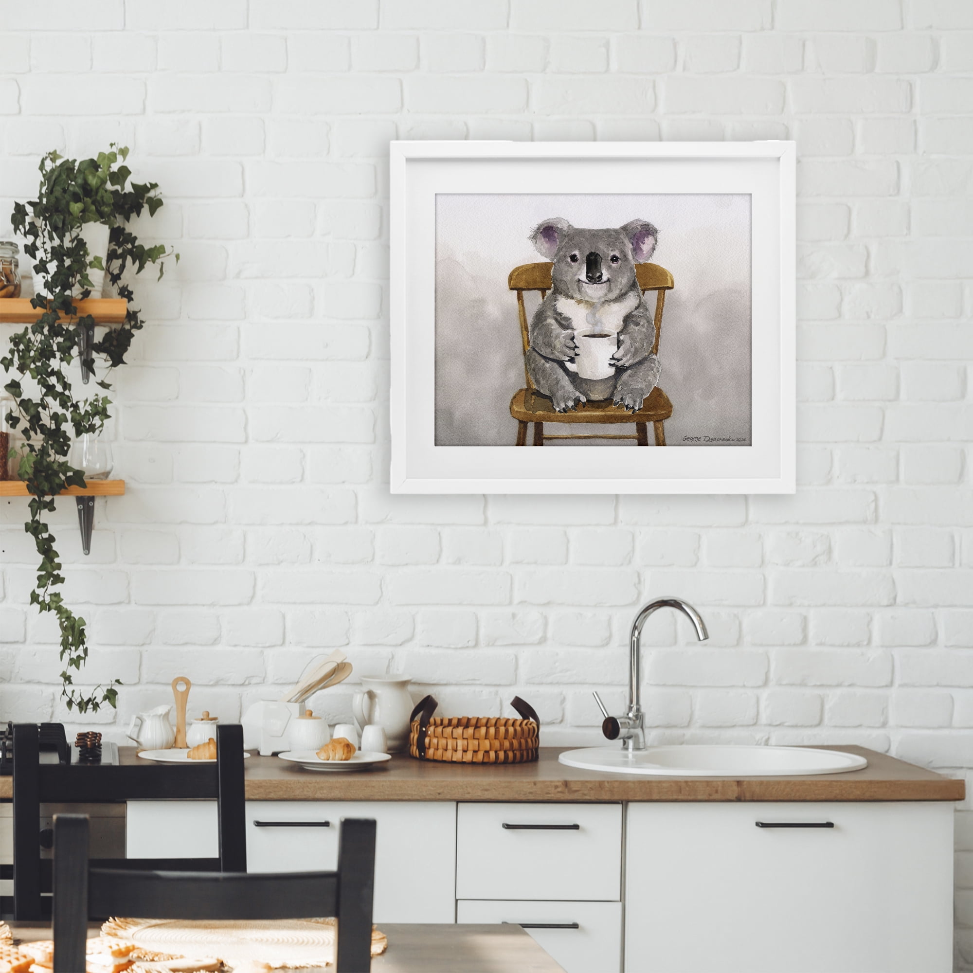 Stupell Industries Koala with Coffee Mug White Framed Print Under Glass, design by George Dyachenko