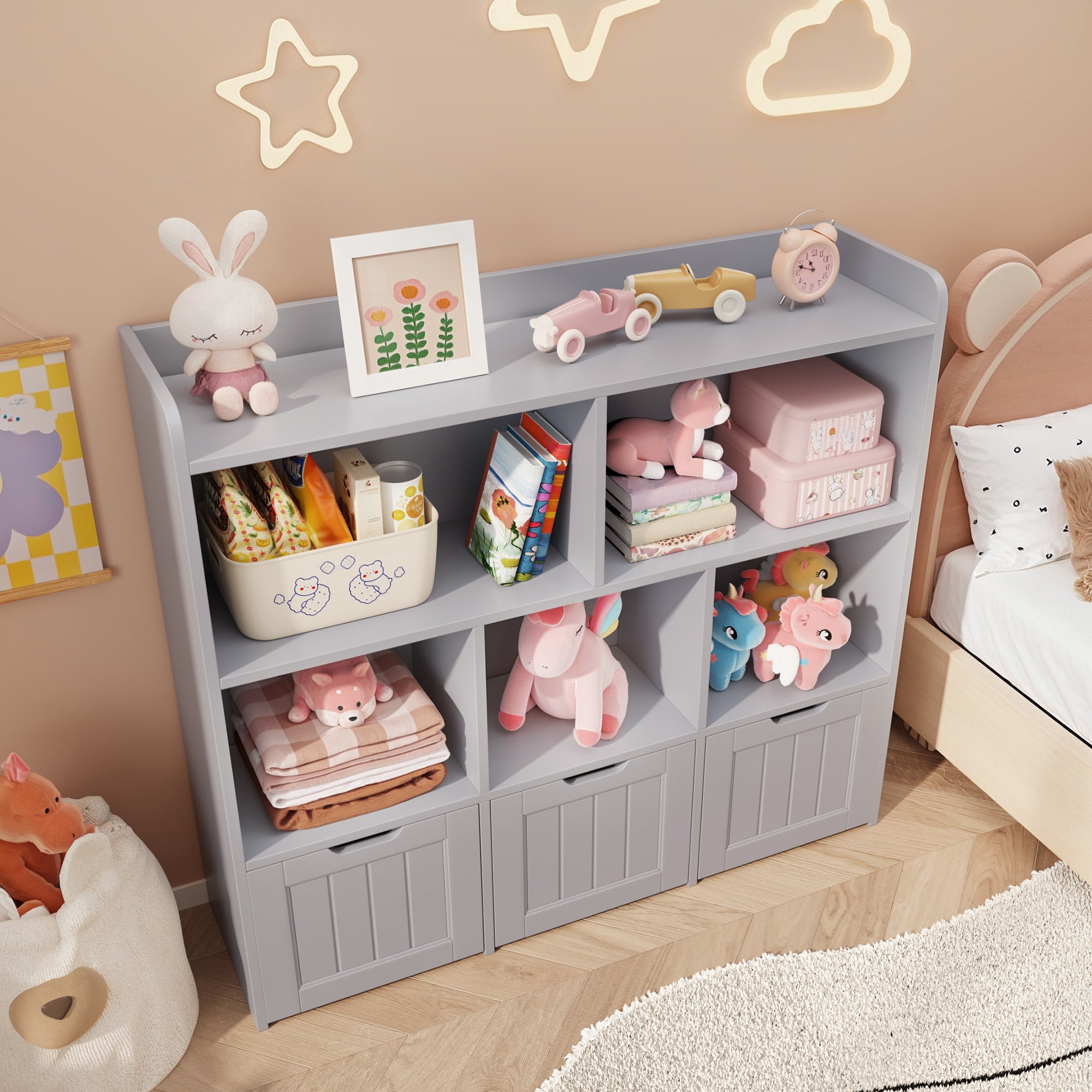 Noelse Toy Storage Cabinet and Kids Bookcase with 3 Movable Drawers and 6 Open Shelves Featuring Fall Prevention Barrier for Playroom Nursery Kids Room Organization, Gray