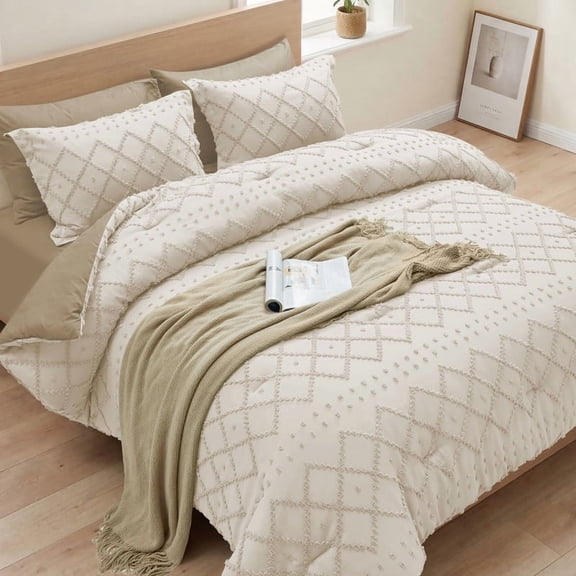 Vccoem Tufted Boho Comforter Set Queen Size, 7 Pieces White Reversible Bed in a Bag with Comforter, Fitted Sheet, Flat Sheet, Pillowcases, Pillow Shams, Bedding Sets for All Seasons, Beige