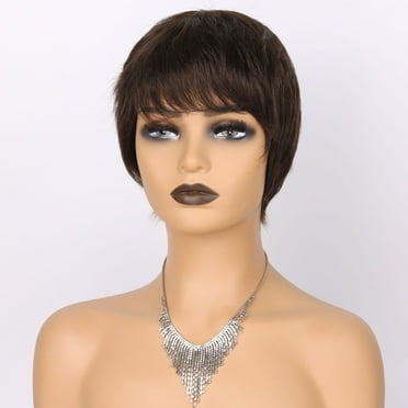 Nvzi-a Cut Wigs for Women Short Human Hair Wigs with Bangs Short Layered Pixie Wigs，Dark Brown