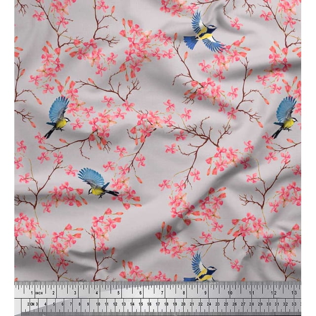 Soimoi Modal Satin Fabric Floral & Blue Tit Bird Print Fabric by The Yard 42 Inch Wide