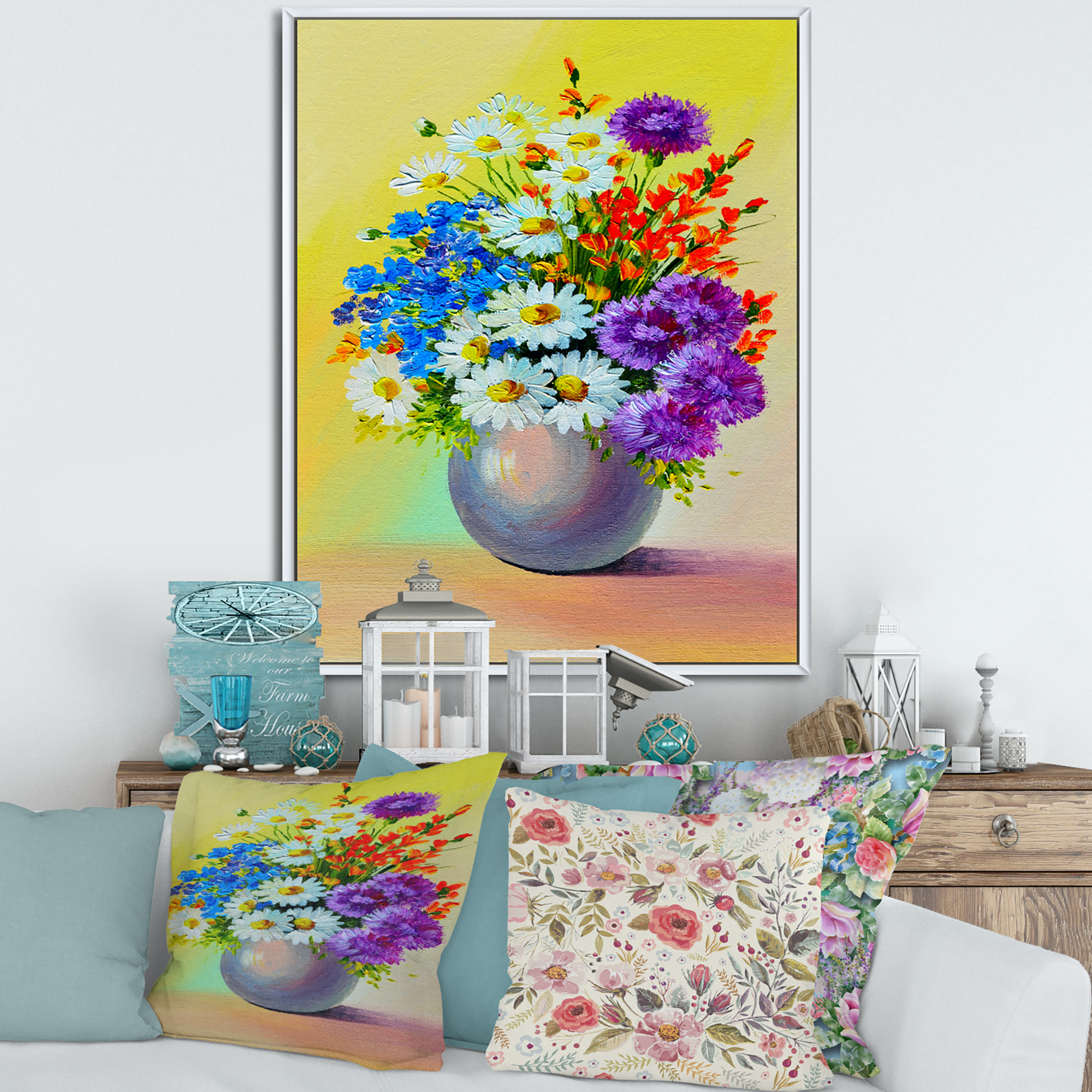 Designart 'Still Life A Bouquet Of Red Blue & White Flowers' Traditional Framed Canvas Wall Art Print